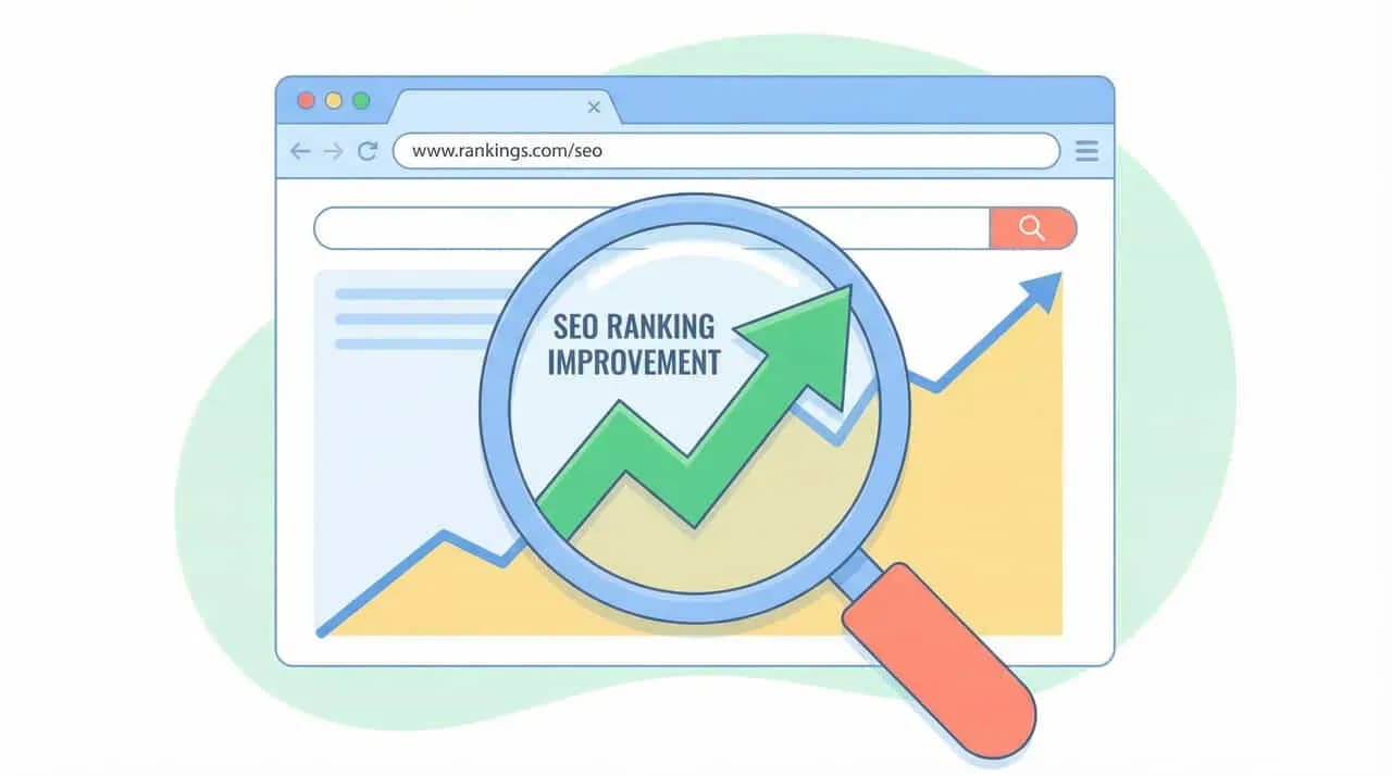 ブラウザ画面に表示された「SEO RANKING IMPROVEMENT」の文字と、右肩上がりのグラフを虫眼鏡で見るイラスト