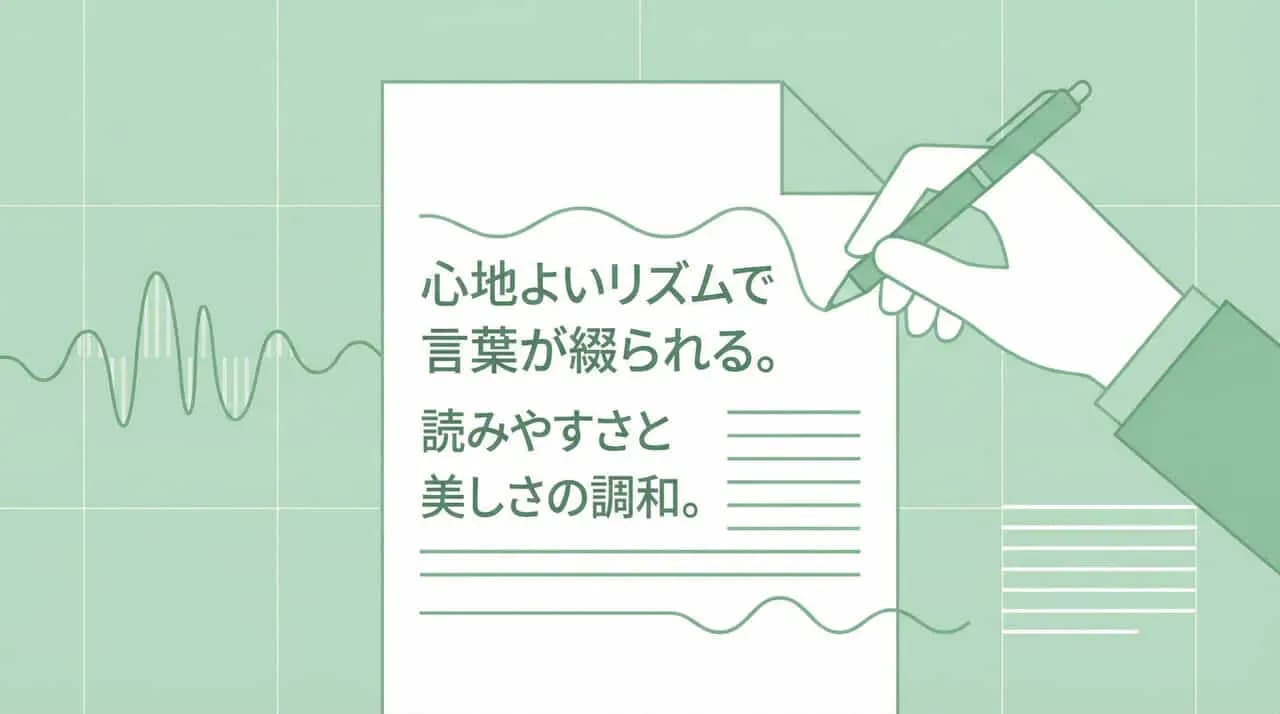 「心地よいリズムで言葉が綴られる。読みやすさと美しさの調和。」の文字と、波形・文章を書く手のイラスト
