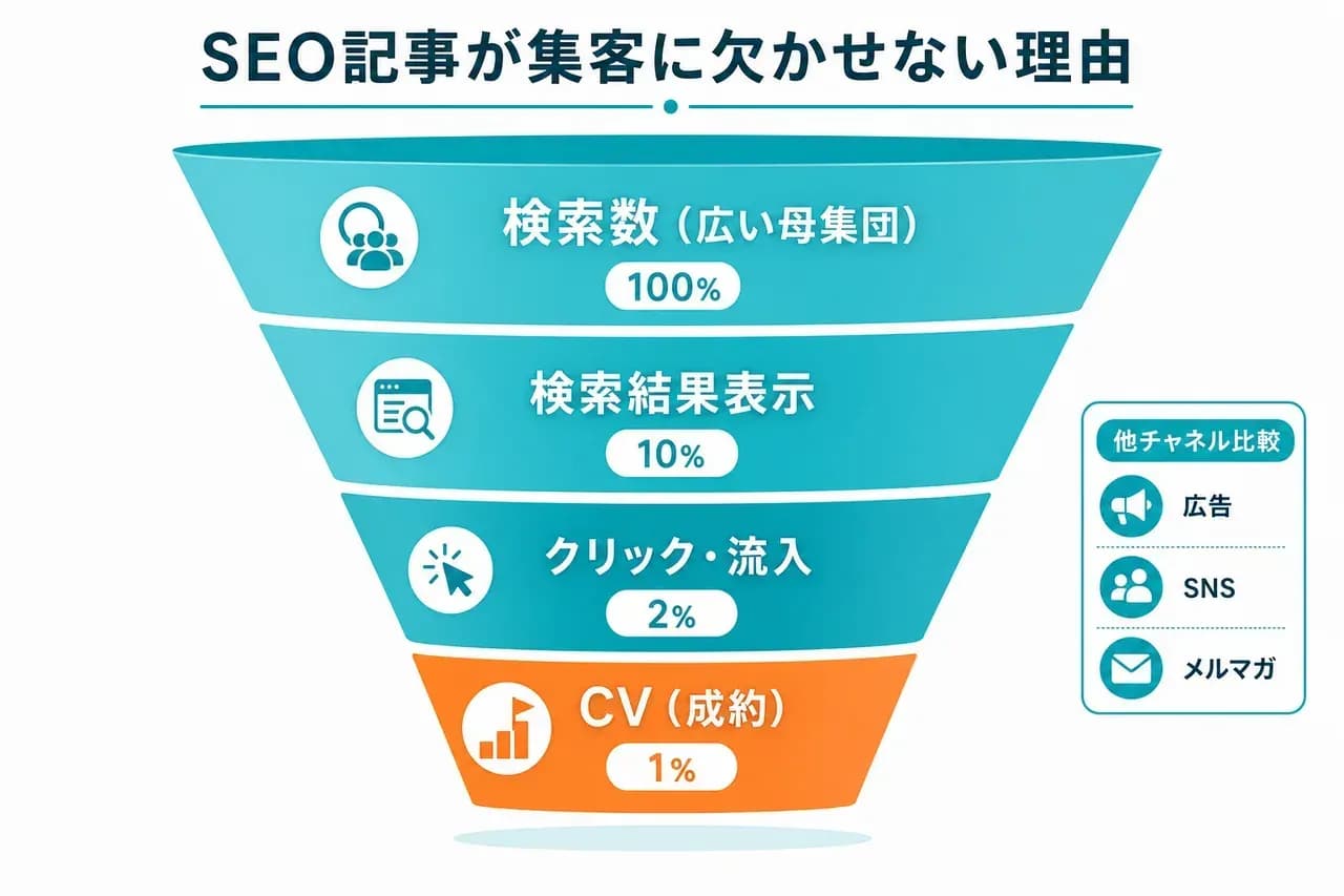 SEO記事が集客に欠かせない理由を示す漏斗図