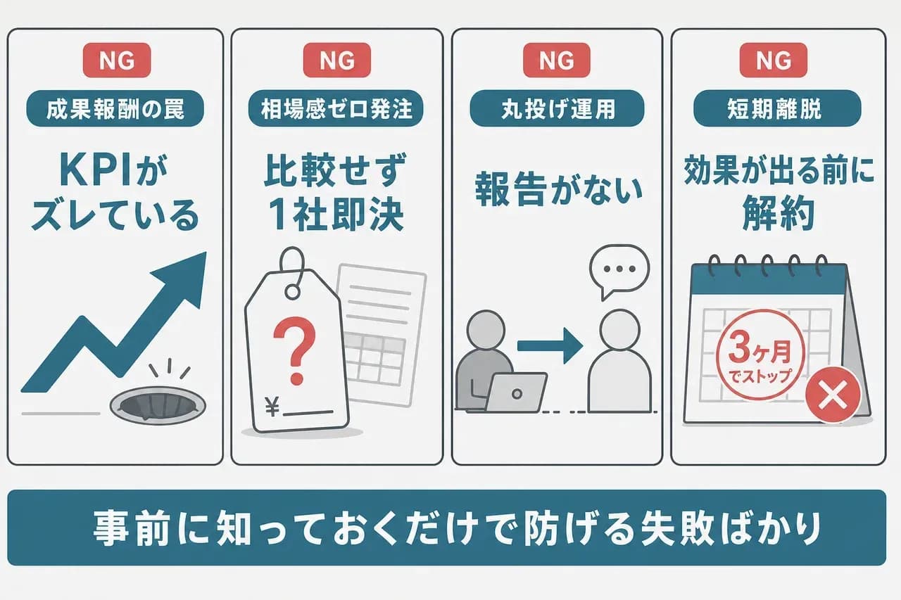 SEO費用で起こりがちな失敗パターン4コマ図解