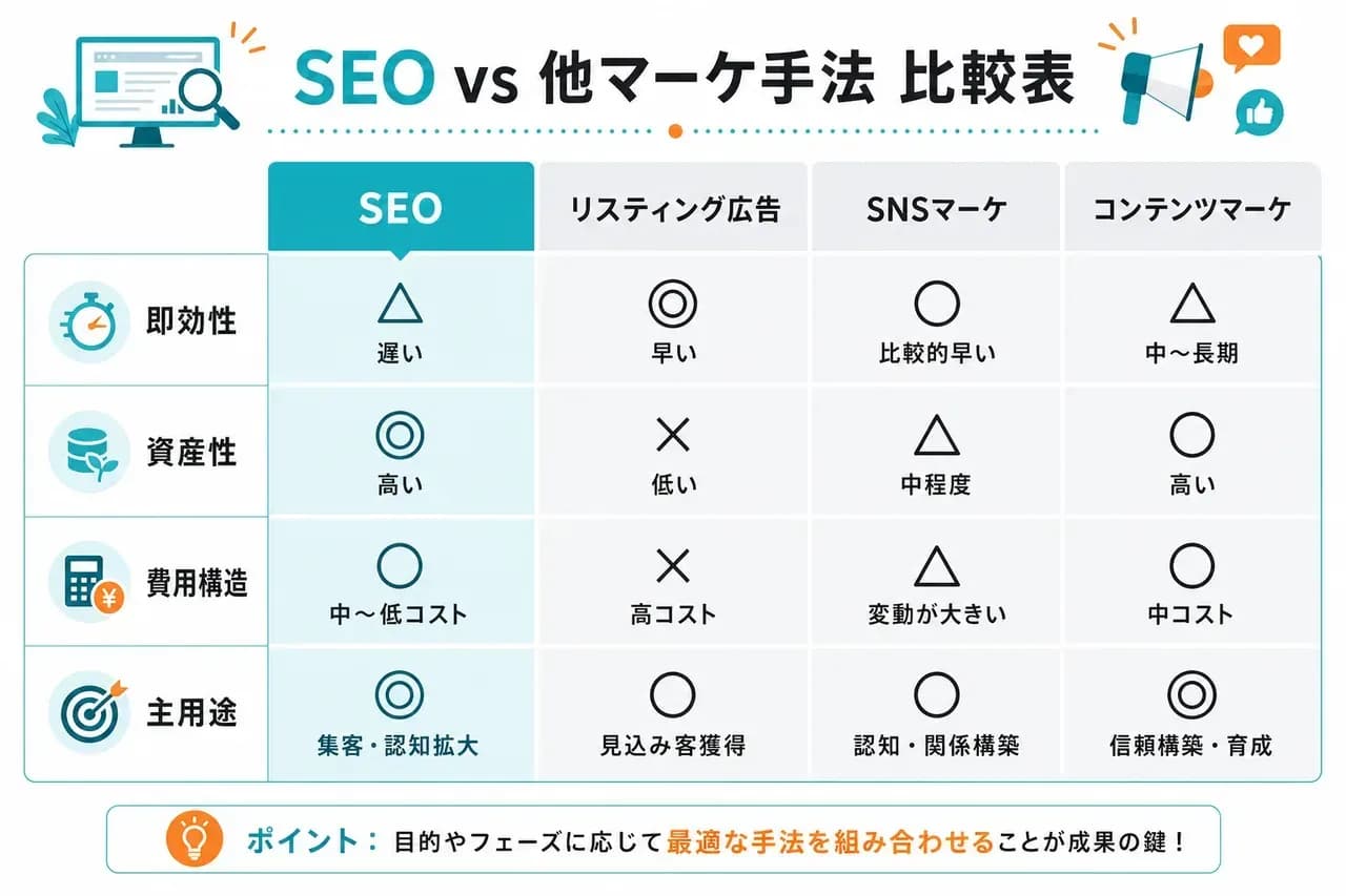 SEOと他マーケ手法の即効性と資産性の比較