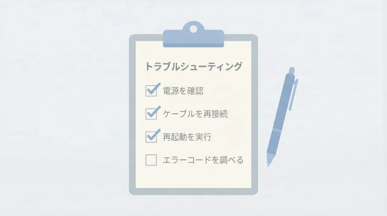 クリップボードに「トラブルシューティング」「電源を確認」「ケーブルを再接続」「再起動を実行」「エラーコードを調べる」のチェックリスト