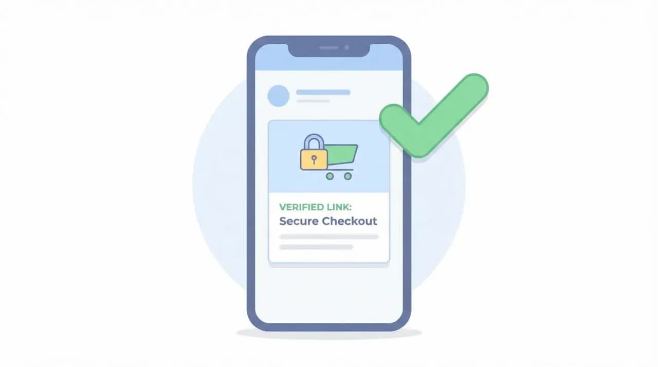 スマートフォン画面に鍵付きカートと「VERIFIED LINK: Secure Checkout」の表示、緑色のチェックマークが重なったイラスト