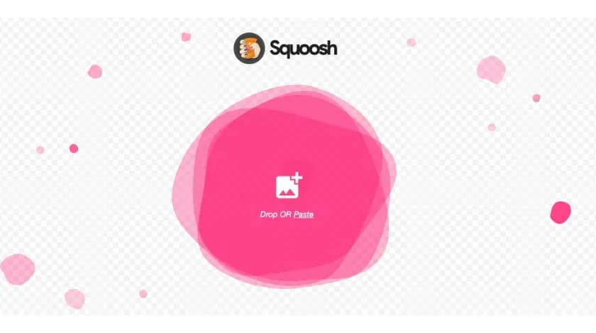 画像最適化ツール「Squoosh」のトップページで、画像をドロップまたはペーストする欄が表示された画面