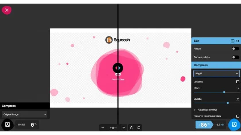 画像最適化ツール「Squoosh」で画像をWebP形式に圧縮し、圧縮設定と圧縮前後のファイルサイズを表示した画面
