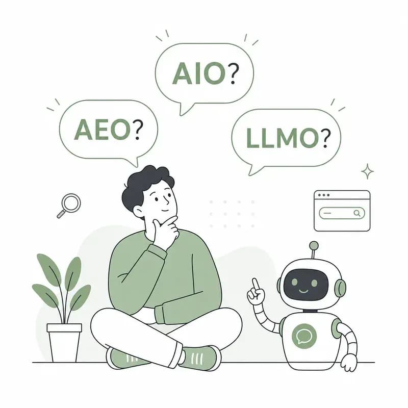 AIO・AEO・LLMOの違いに悩む人物と案内するAIロボット
