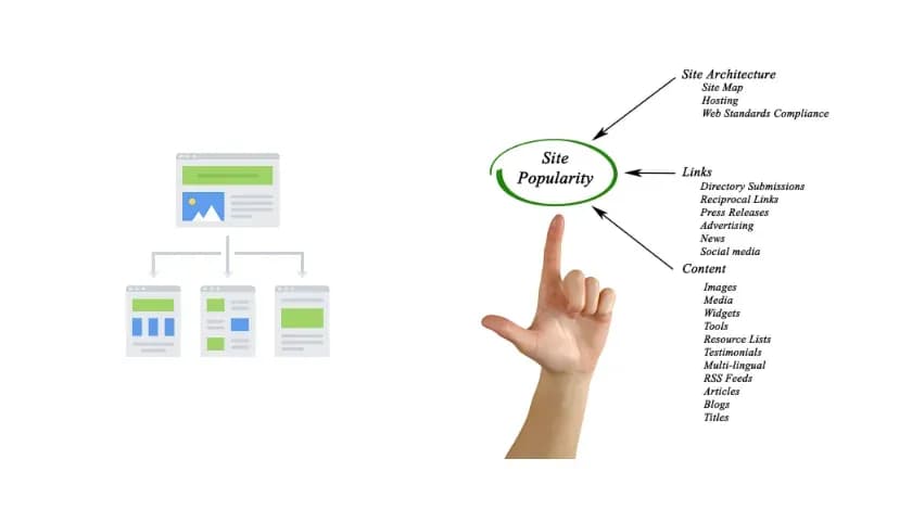 指を立てた手のイラストの周りに「Site Popularity」を中心とした「Site Architecture」「Links」「Content」の要素を書いた図