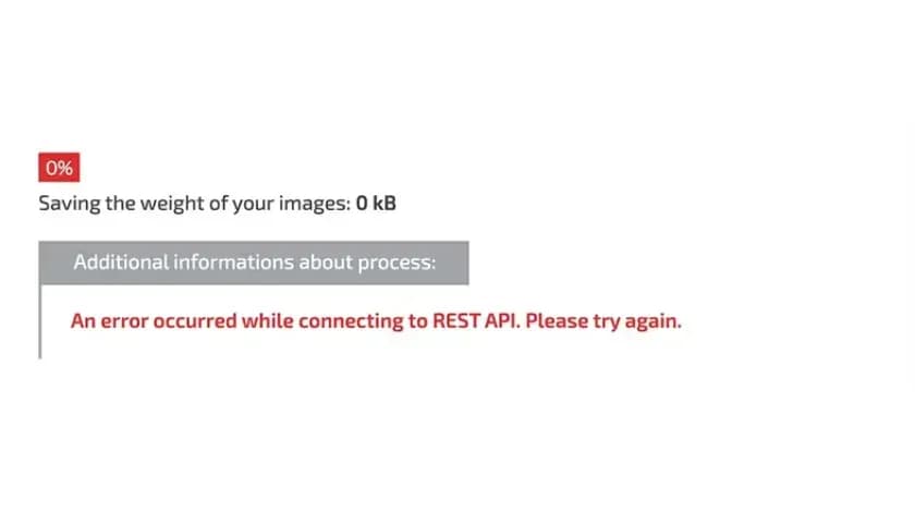 画像変換プラグインで「An error occurred while connecting to REST API. Please try again.」と表示されたエラー画面