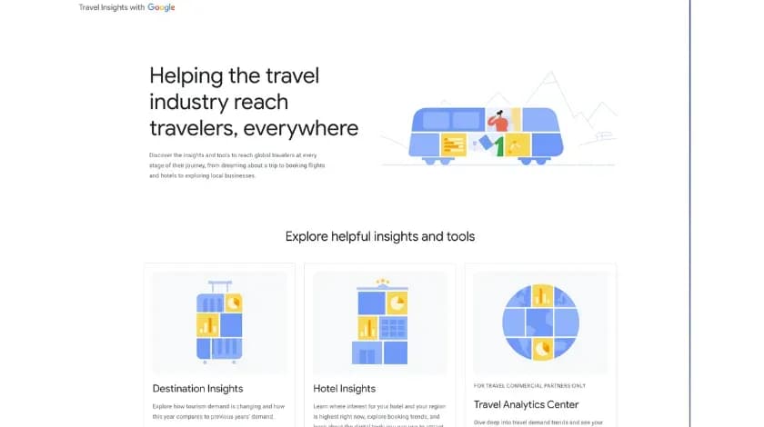 Googleの「Helping the travel industry reach travelers, everywhere」のトップページで、Destination Insights・Hotel Insights・Travel Analytics Centerのメニューを表示した画面