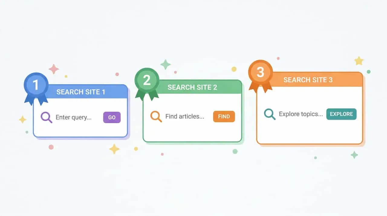 「SEARCH SITE 1」「SEARCH SITE 2」「SEARCH SITE 3」の検索順位カードが並んだイラスト