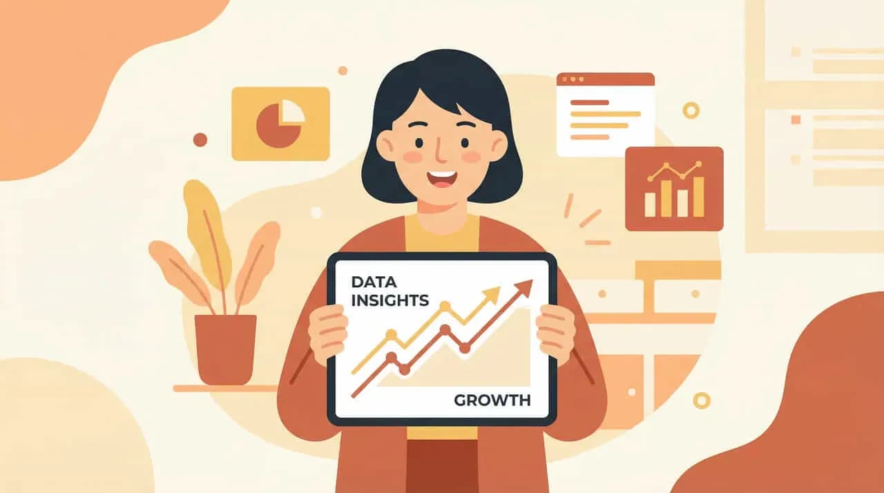 「DATA INSIGHTS」「GROWTH」と書かれた成長グラフのタブレットを持つ女性のイラスト