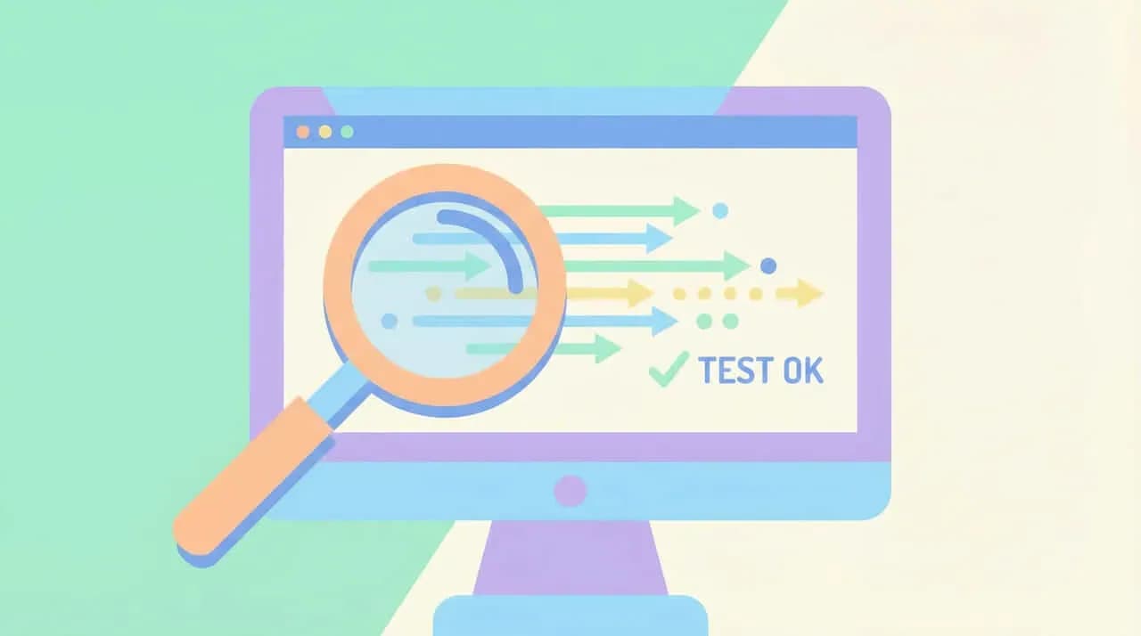 モニター画面に表示された虫眼鏡と矢印、「TEST OK」のチェックマークのイラスト