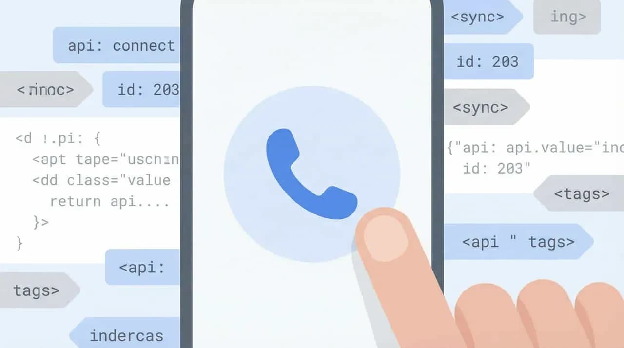 電話アイコンをタップする指先と、API連携のコードが並んだイラスト