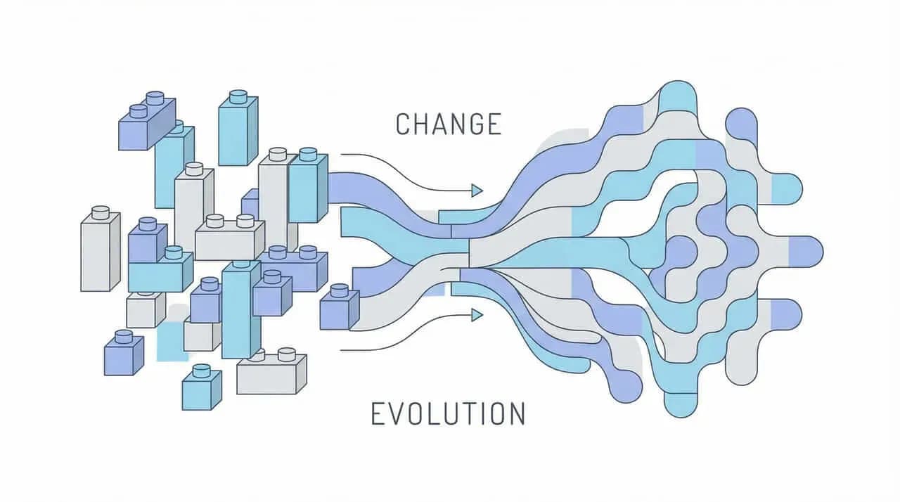 積み木のようなブロックが管に流れ込む「CHANGE」「EVOLUTION」のイラスト