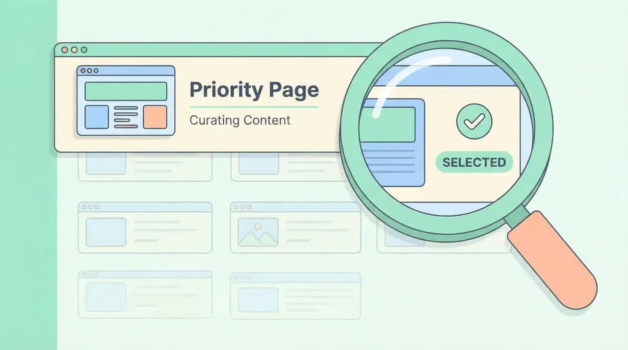 「Priority Page Curating Content」の画面をルーペで確認し「SELECTED」のチェックを表示したイラスト