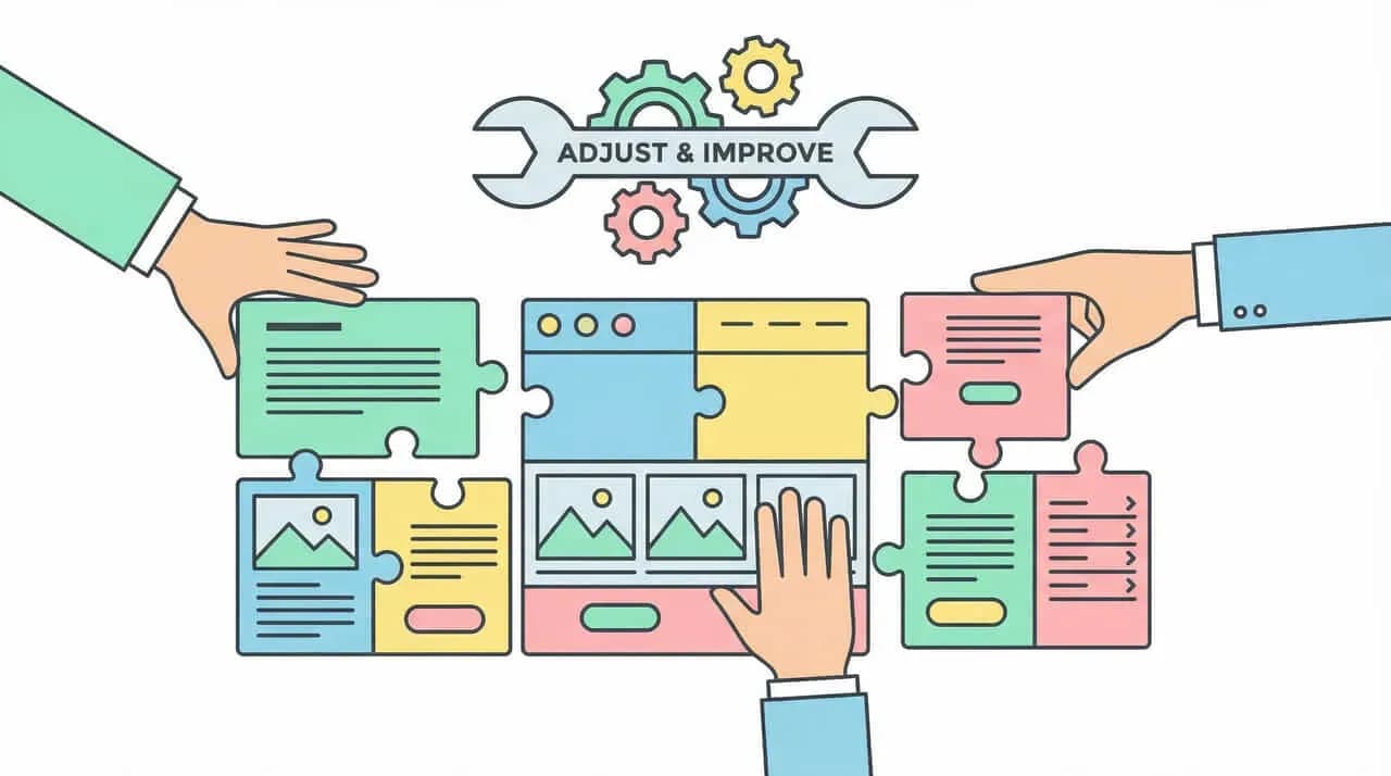 「ADJUST & IMPROVE」の文字と歯車、両側から手でパズルピースを組み合わせるイラスト