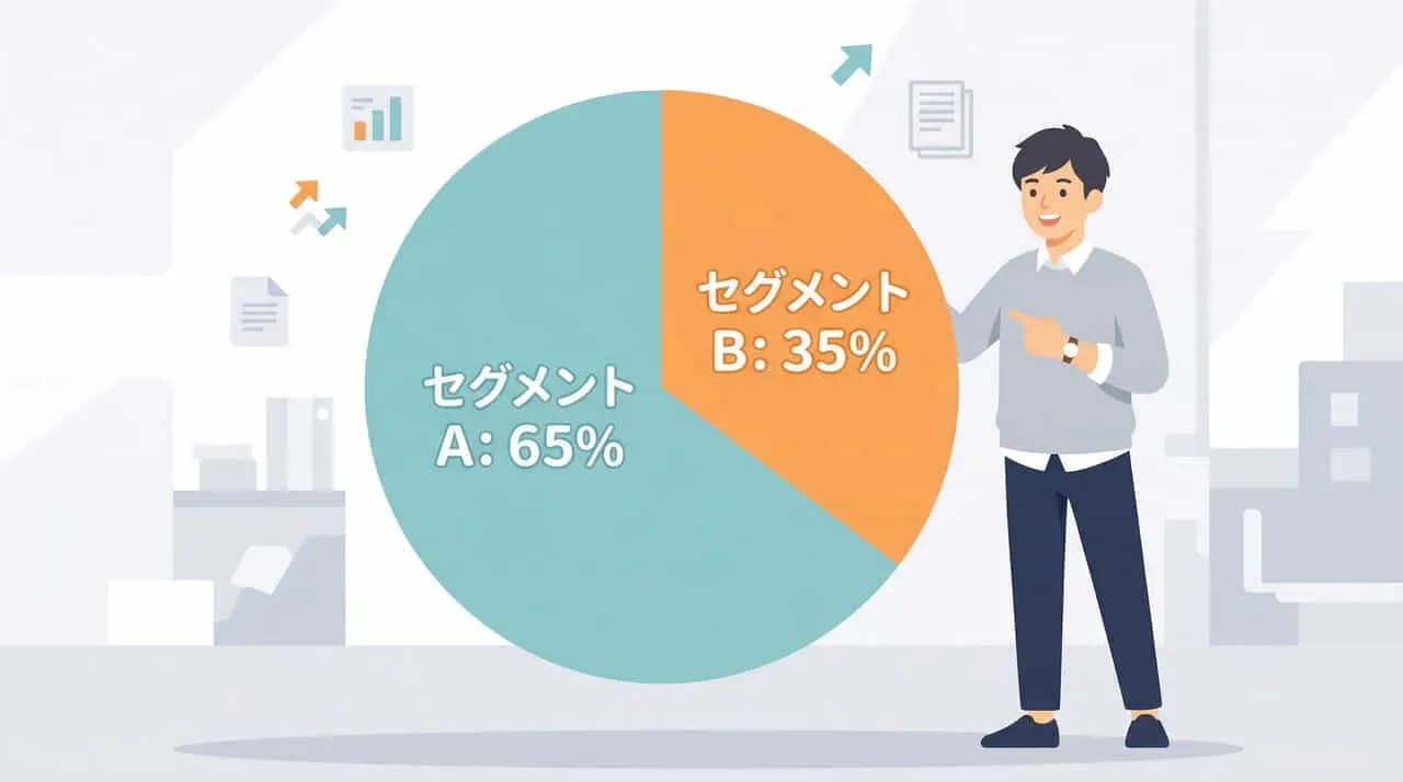「セグメントA: 65%」「セグメントB: 35%」の円グラフと、その横に立つ男性のイラスト