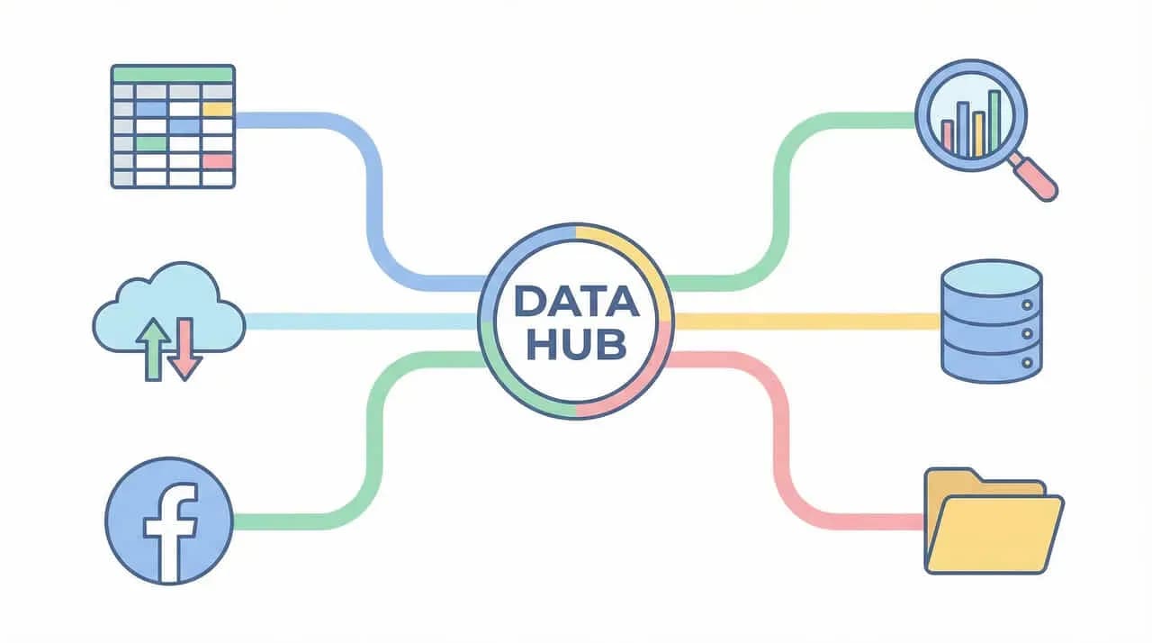 「DATA HUB」を中心に、表計算・クラウド・Facebook・データベース・フォルダがつながった図