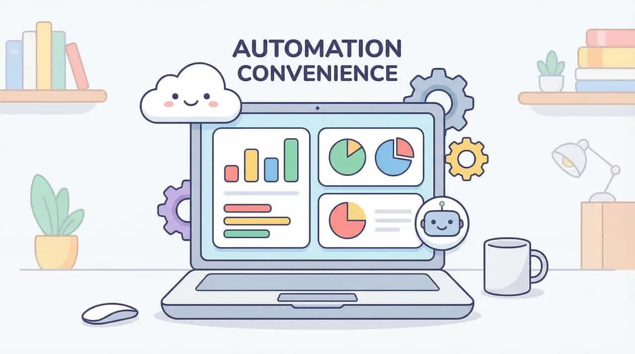 「AUTOMATION CONVENIENCE」の文字と、グラフを表示するノートパソコン・雲のキャラクターのイラスト