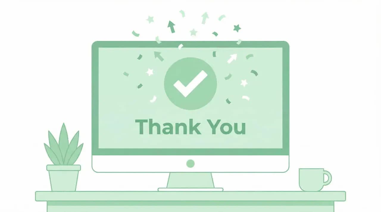 モニターに表示された「Thank You」のチェックマークと紙吹雪のイラスト
