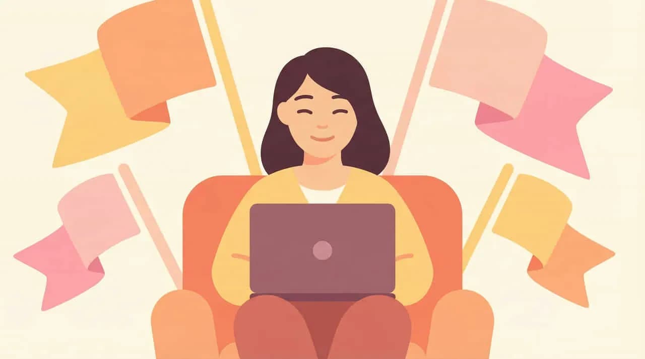 ノートパソコンを操作する女性の周りに複数の旗が立てられているイラスト