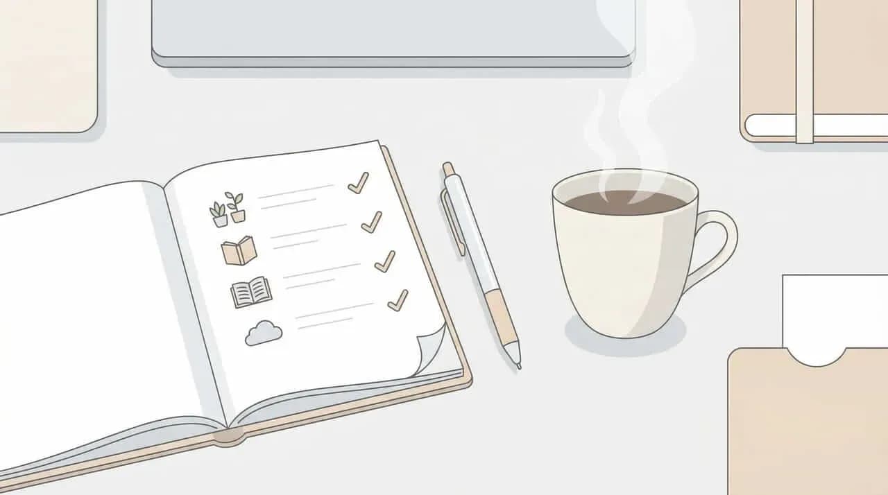 開いたノートにチェックリストとペン、湯気の立つコーヒーカップを置いたデスクのイラスト