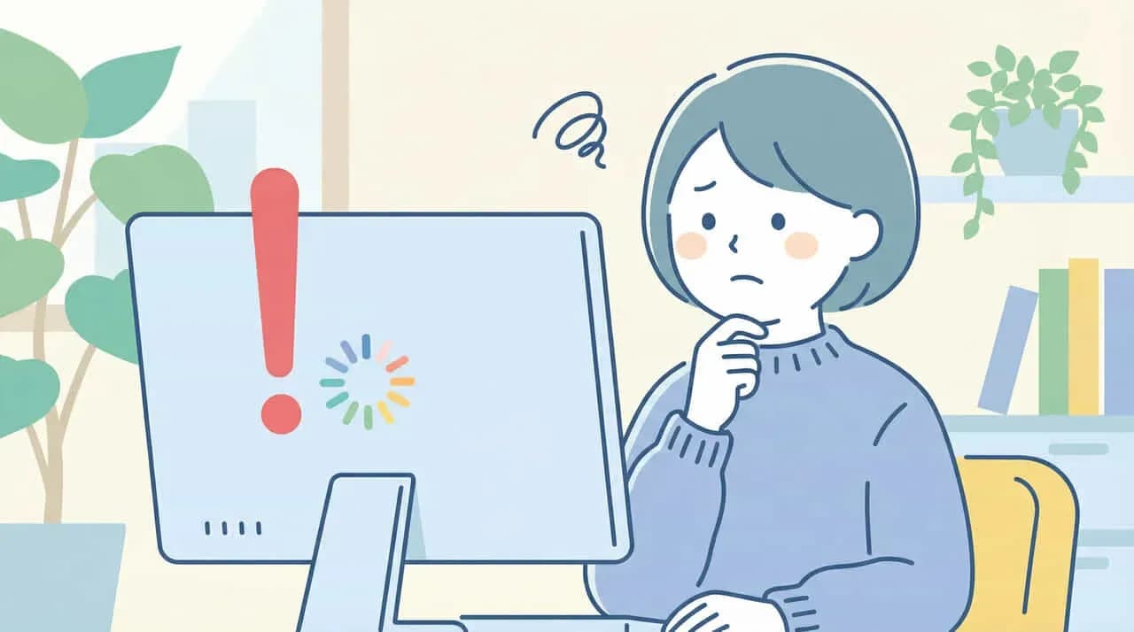 パソコン画面に赤い「!」と読み込みアイコンが表示され、戸惑う女性のイラスト