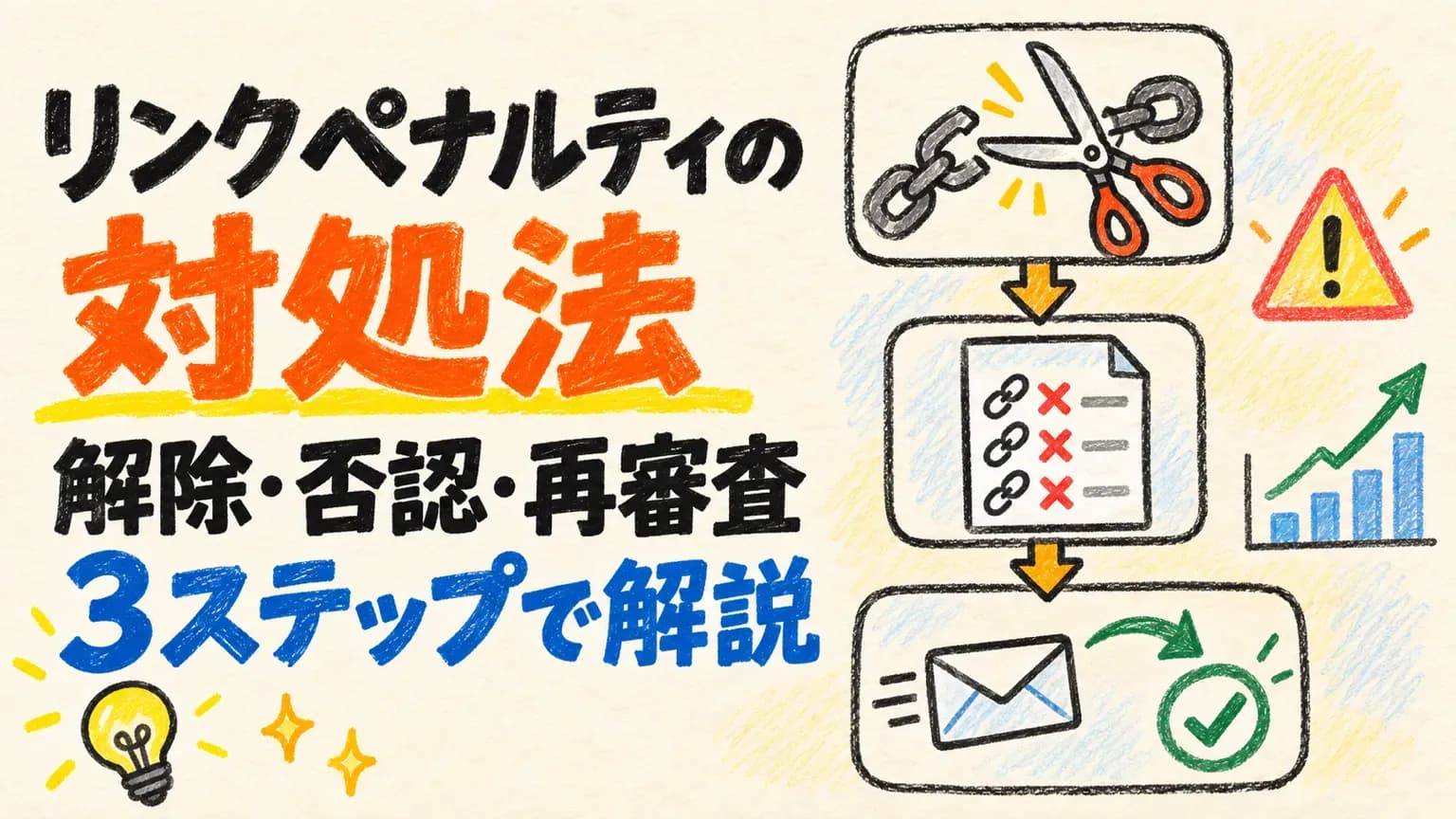 「リンクペナルティの対処法 解除・否認・再審査 3ステップで解説」の文字と、リンクを切る・否認リスト・再審査の3段階を示したイラスト